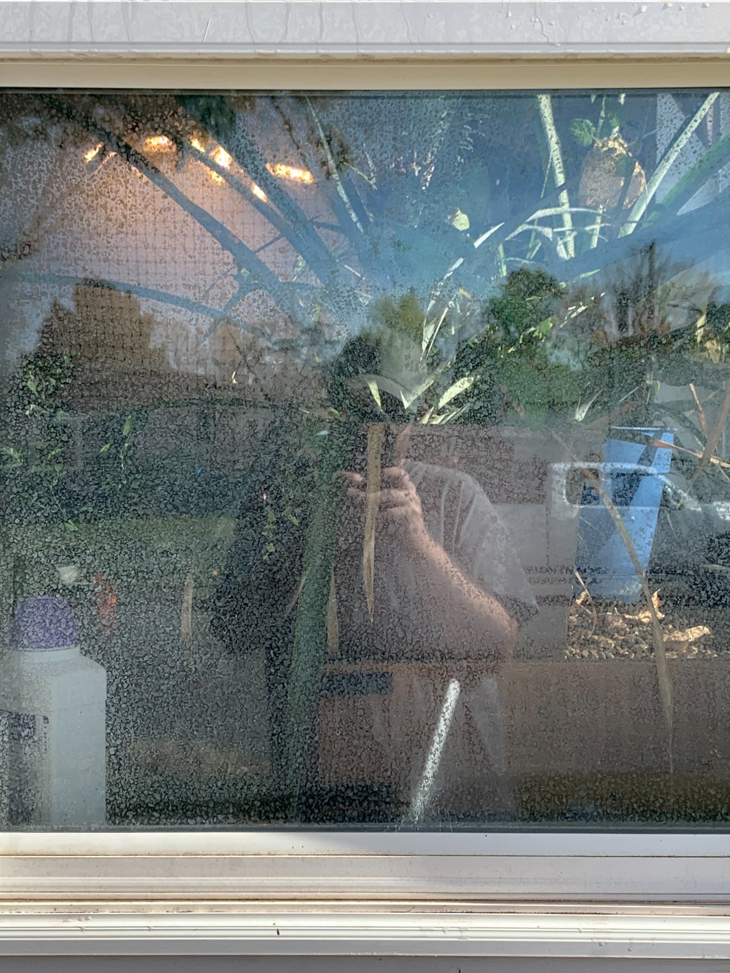 Before window washing Miles City MT - heavy mineral deposit buildup on house window